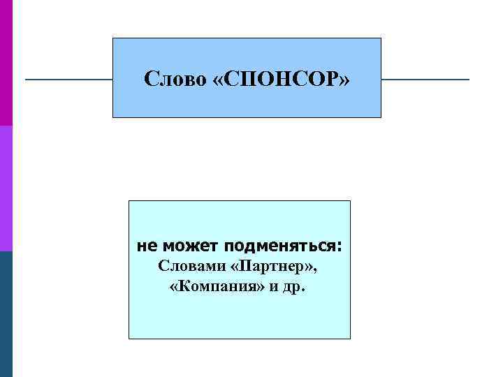 Слово «СПОНСОР» не может подменяться: Словами «Партнер» , «Компания» и др. 