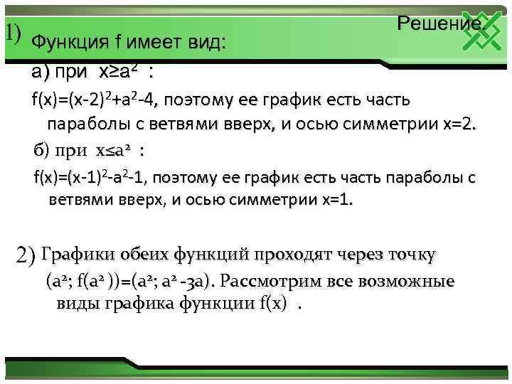 Решение. Функция f имеет вид: а) при х≥а 2 : f(x)=(x-2)2+а 2 -4, поэтому