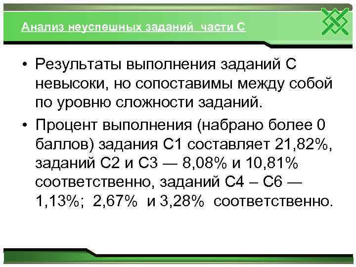 Анализ неуспешных заданий части С • Результаты выполнения заданий С невысоки, но сопоставимы между