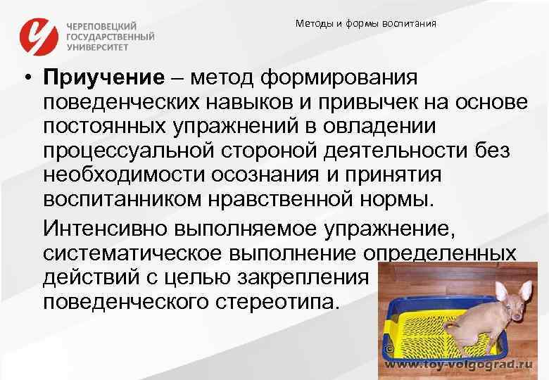 Методы и формы воспитания • Приучение – метод формирования поведенческих навыков и привычек на