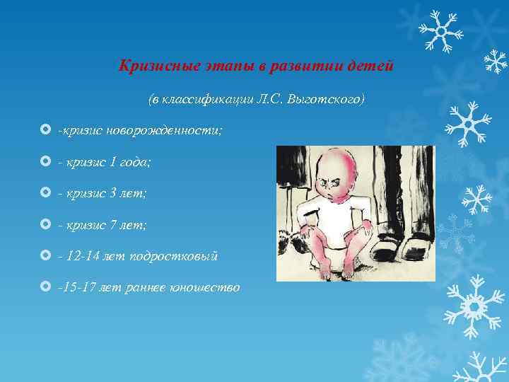 Кризисные этапы в развитии детей (в классификации Л. С. Выготского) -кризис новорожденности; - кризис