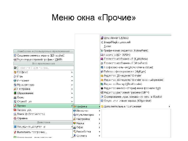 Меню окна «Прочие» 
