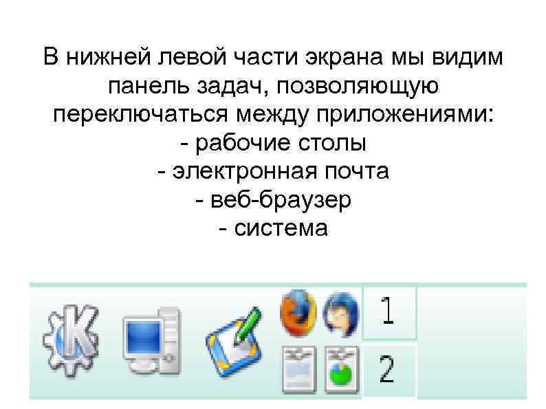 В нижней левой части экрана мы видим панель задач, позволяющую переключаться между приложениями: -