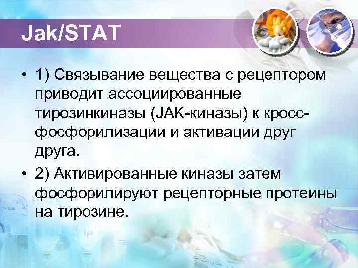 Jak/STAT • 1) Связывание вещества с рецептором приводит ассоциированные тирозинкиназы (JAK-киназы) к кроссфосфорилизации и