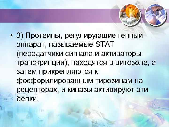  • 3) Протеины, регулирующие генный аппарат, называемые STAT (передатчики сигнала и активаторы транскрипции),