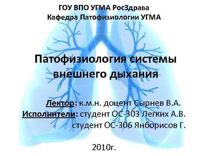 ГОУ ВПО УГМА Рос. Здрава Кафедра Патофизиологии УГМА Патофизиология системы внешнего дыхания Лектор: к.