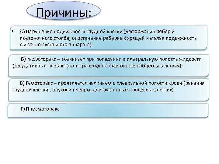 Причины: • А) Нарушение подвижности грудной клетки (деформация ребер и позвоночного столба, окостенение реберных