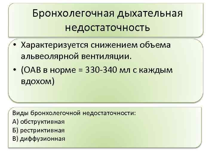 Бронхолегочная дыхательная недостаточность • Характеризуется снижением объема альвеолярной вентиляции. • (ОАВ в норме =