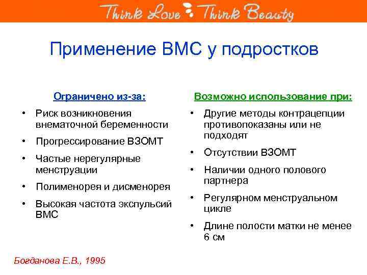 Применение ВМС у подростков Ограничено из-за: • Риск возникновения внематочной беременности • Прогрессирование ВЗОМТ