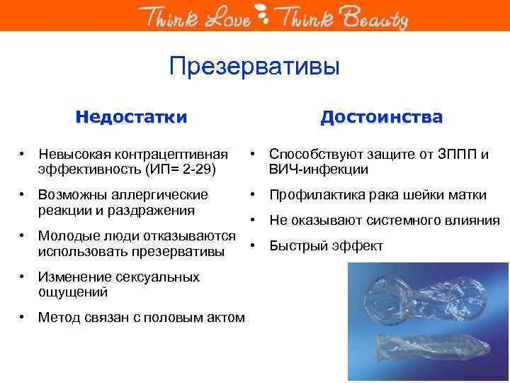 Презервативы Недостатки Достоинства • Невысокая контрацептивная эффективность (ИП= 2 -29) • Способствуют защите от