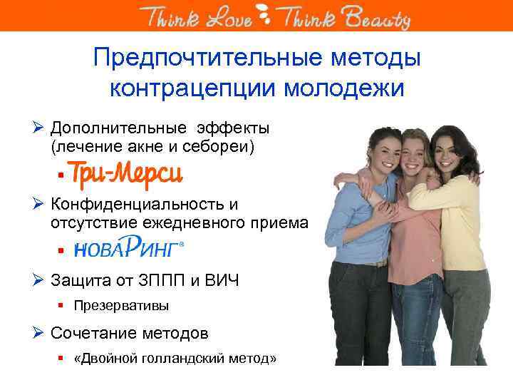 Предпочтительные методы контрацепции молодежи Ø Дополнительные эффекты (лечение акне и себореи) § а Ø