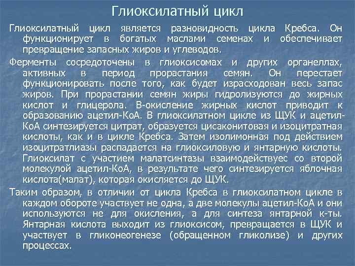 Глиоксилатный цикл является разновидность цикла Кребса. Он функционирует в богатых маслами семенах и обеспечивает