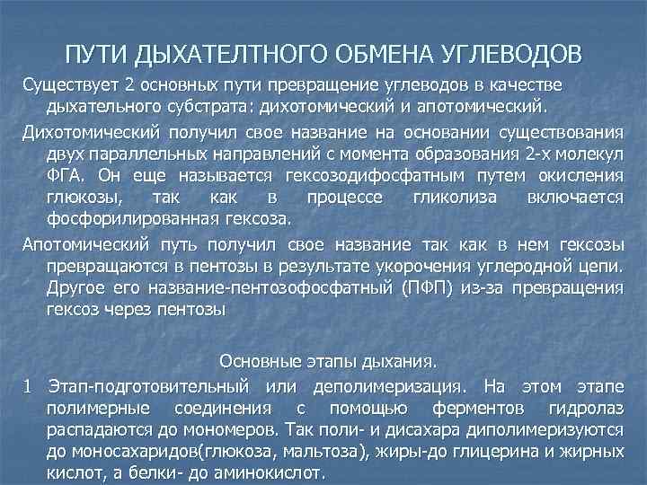 ПУТИ ДЫХАТЕЛТНОГО ОБМЕНА УГЛЕВОДОВ Существует 2 основных пути превращение углеводов в качестве дыхательного субстрата: