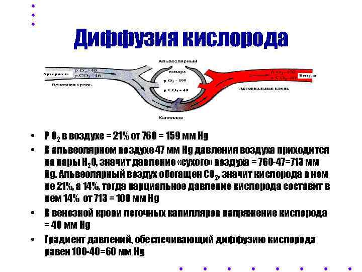 Диффузия кислорода • Р О 2 в воздухе = 21% от 760 = 159