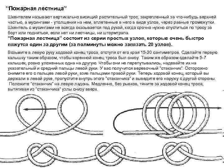 “Пожарная лестница” Шкентелем называют вертикально висящий растительный трос, закрепленный за что-нибудь верхней частью, а