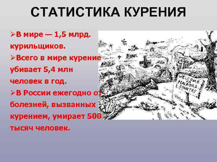 СТАТИСТИКА КУРЕНИЯ ØВ мире — 1, 5 млрд. курильщиков. ØВсего в мире курение убивает