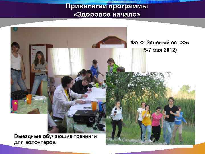 Привилегии программы «Здоровое начало» Фото: Зеленый остров 5 -7 мая 2012) Выездные обучающие тренинги