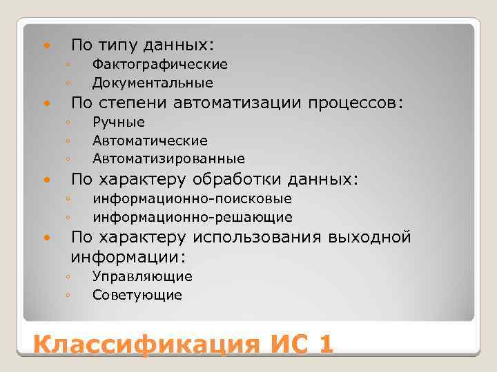 По типу данных: ◦ ◦ Фактографические Документальные По степени автоматизации процессов: ◦ ◦ ◦