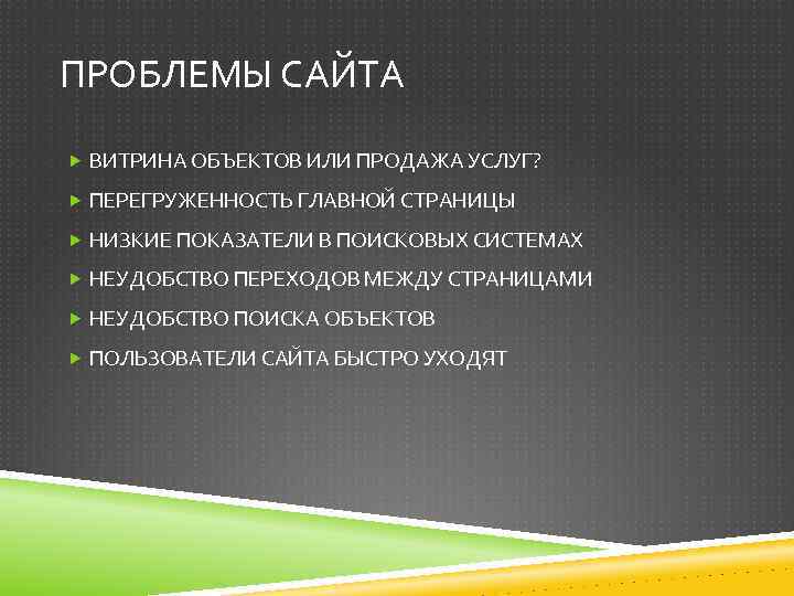 ПРОБЛЕМЫ САЙТА ВИТРИНА ОБЪЕКТОВ ИЛИ ПРОДАЖА УСЛУГ? ПЕРЕГРУЖЕННОСТЬ ГЛАВНОЙ СТРАНИЦЫ НИЗКИЕ ПОКАЗАТЕЛИ В ПОИСКОВЫХ