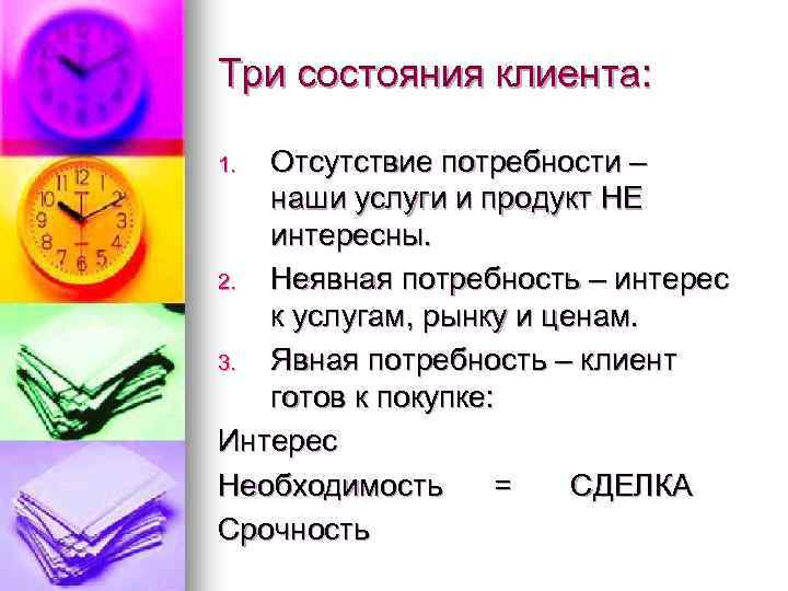 Три состояния клиента: Отсутствие потребности – наши услуги и продукт НЕ интересны. 2. Неявная
