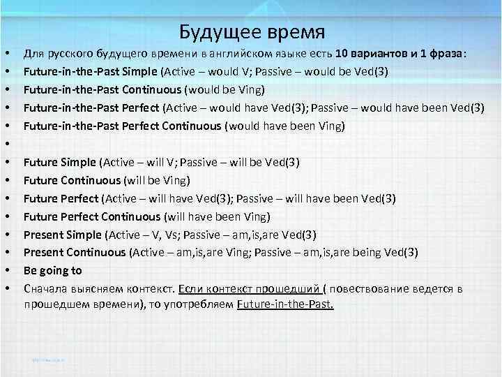 Будущее время • • • • Для русского будущего времени в английском языке есть