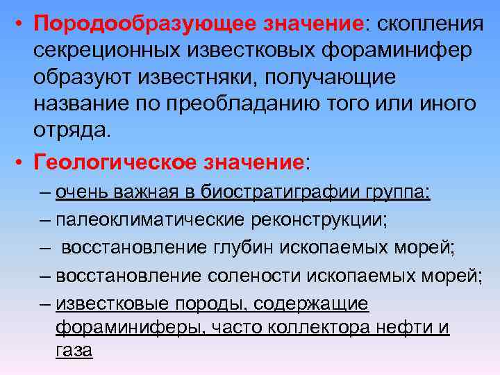  • Породообразующее значение: скопления секреционных известковых фораминифер образуют известняки, получающие название по преобладанию