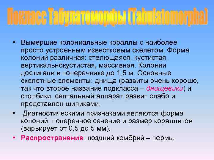  • Вымершие колониальные кораллы с наиболее просто устроенным известковым скелетом. Форма колоний различная: