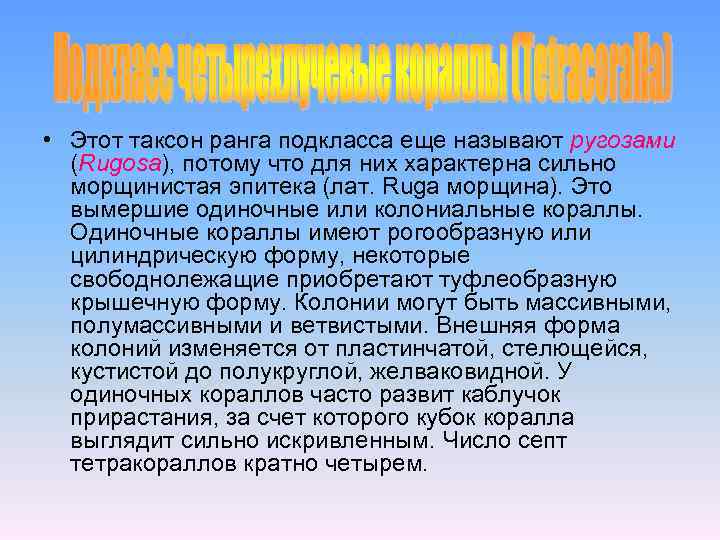 • Этот таксон ранга подкласса еще называют ругозами (Rugosa), потому что для них