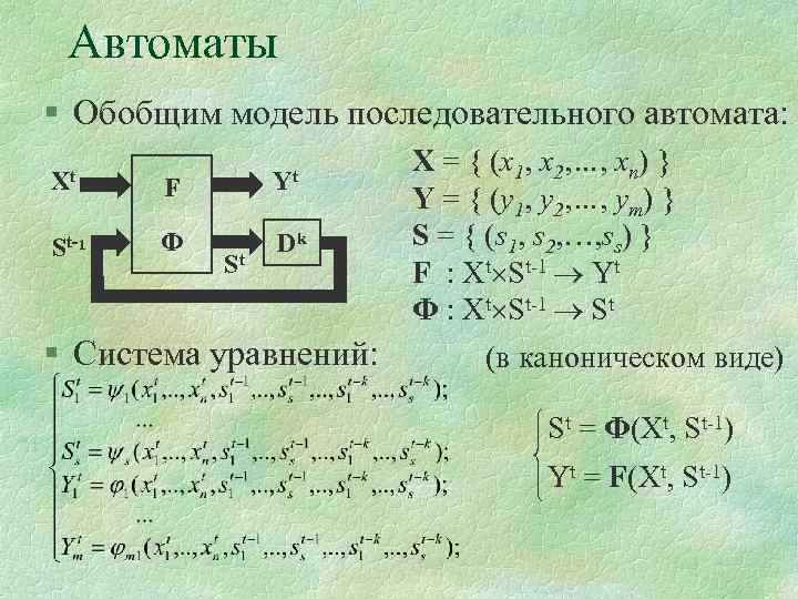 Автоматы § Обобщим модель последовательного автомата: Xt F Yt St-1 Ф Dk St §