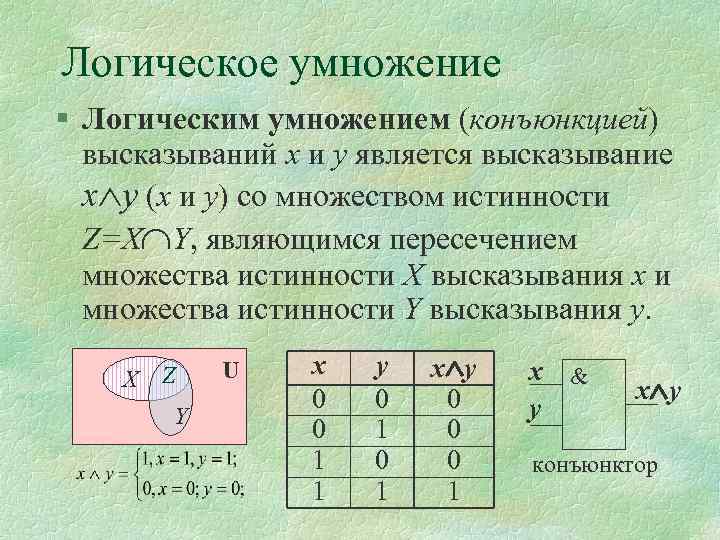 Логическое умножение § Логическим умножением (конъюнкцией) высказываний х и у является высказывание х у
