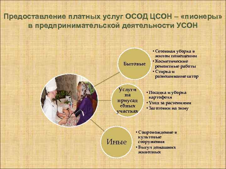 Предоставление платных услуг ОСОД ЦСОН – «пионеры» в предпринимательской деятельности УСОН Бытовые Услуги на