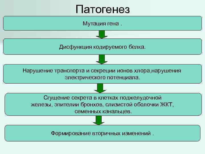 Патогенез Мутация гена. Дисфункция кодируемого белка. Нарушение транспорта и секреции ионов хлора, нарушения электрического