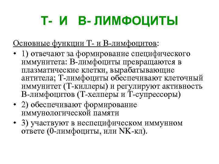 Т- И В- ЛИМФОЦИТЫ Основные функции Т- и В-лимфоцитов: • 1) отвечают за формирование