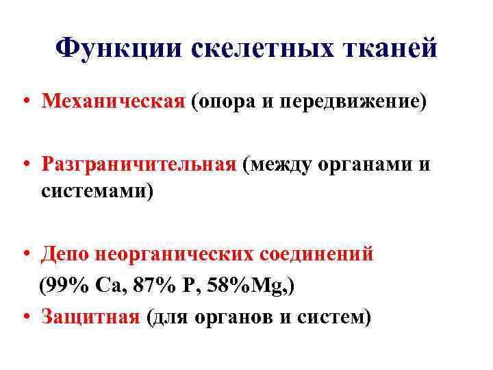 Функции скелетных тканей • Механическая (опора и передвижение) • Разграничительная (между органами и системами)