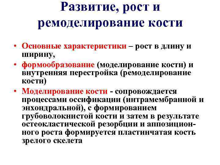 Развитие, рост и ремоделирование кости • Основные характеристики – рост в длину и ширину,