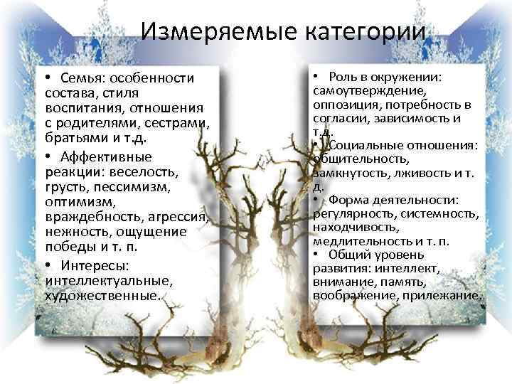 Измеряемые категории • Семья: особенности состава, стиля воспитания, отношения с родителями, сестрами, братьями и