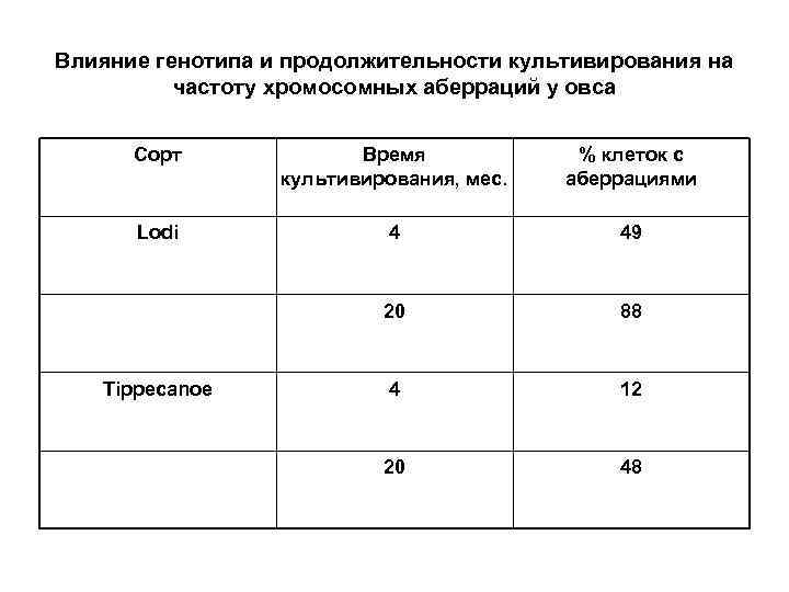 Влияние генотипа и продолжительности культивирования на частоту хромосомных аберраций у овса Сорт Время культивирования,