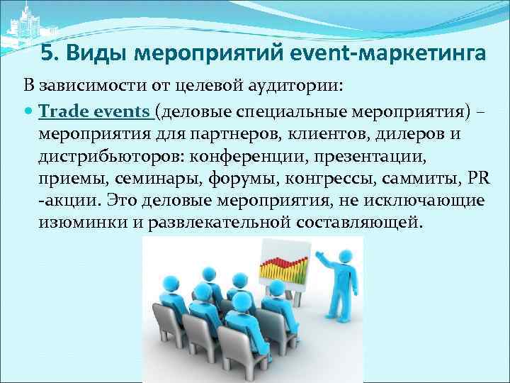 5. Виды мероприятий event-маркетинга В зависимости от целевой аудитории: Trade events (деловые специальные мероприятия)