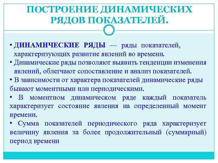 ПОСТРОЕНИЕ ДИНАМИЧЕСКИХ РЯДОВ ПОКАЗАТЕЛЕЙ. • ДИНАМИЧЕСКИЕ РЯДЫ — ряды показателей, характеризующих развитие явлений во