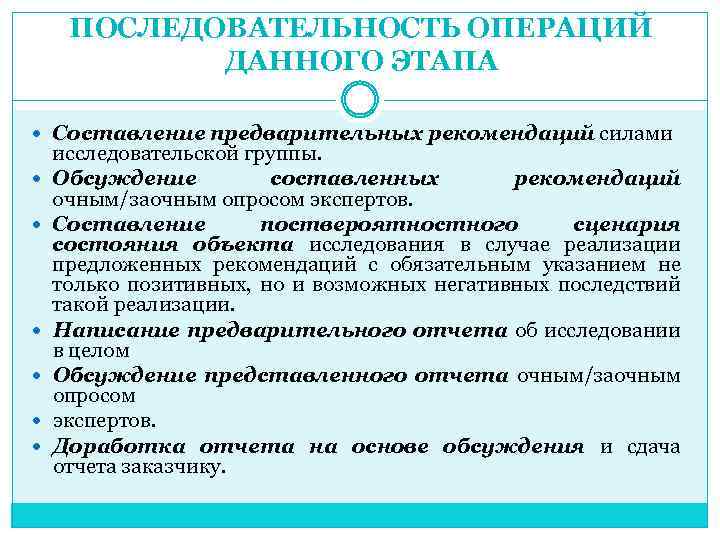 ПОСЛЕДОВАТЕЛЬНОСТЬ ОПЕРАЦИЙ ДАННОГО ЭТАПА Составление предварительных рекомендаций силами исследовательской группы. Обсуждение составленных рекомендаций очным/заочным