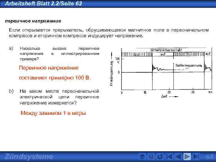 Arbeitsheft Blatt 2. 2/Seite 62 первичное напряжение Если открывается прерыватель, обрушивающееся магнитное поле в