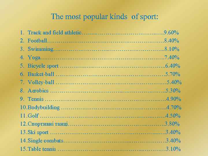 The most popular kinds of sport: 1. Track and field athletic……. . ……………. ….