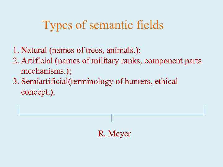 Types of semantic fields 1. Natural (names of trees, animals. ); 2. Artificial (names