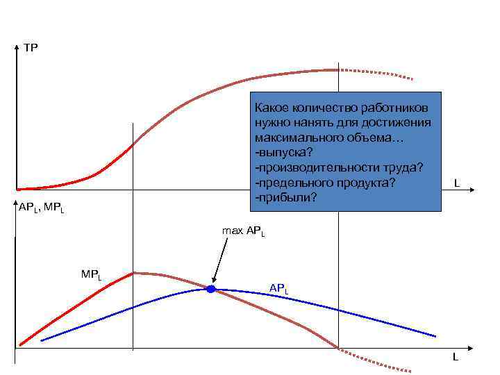 TP Какое количество работников нужно нанять для достижения максимального объема… -выпуска? -производительности труда? -предельного