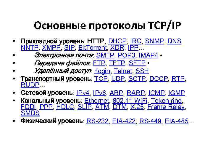 Основные протоколы TCP/IP • Прикладной уровень: HTTP, DHCP, IRC, SNMP, DNS, NNTP, XMPP, SIP,