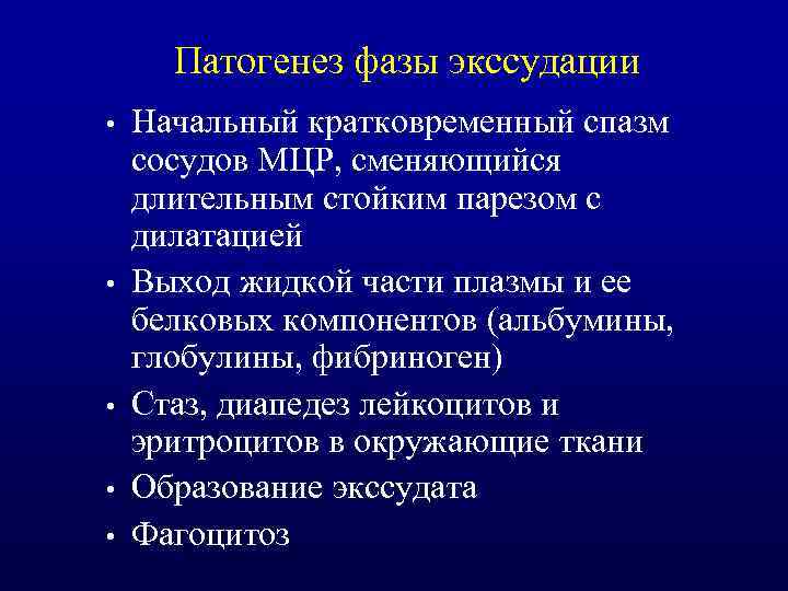 Патогенез фазы экссудации • • • Начальный кратковременный спазм сосудов МЦР, сменяющийся длительным стойким