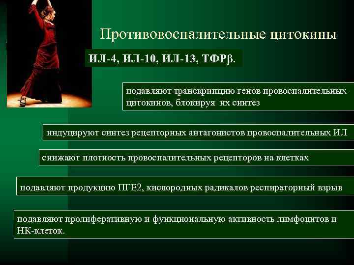  Противовоспалительные цитокины ИЛ-4, ИЛ-10, ИЛ-13, ТФРβ. подавляют транскрипцию генов провоспалительных цитокинов, блокируя их