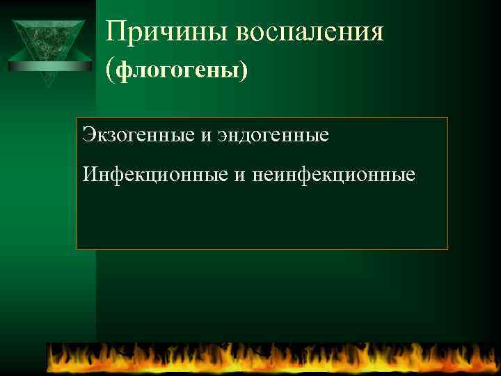  Причины воспаления (флогогены) Экзогенные и эндогенные Инфекционные и неинфекционные 