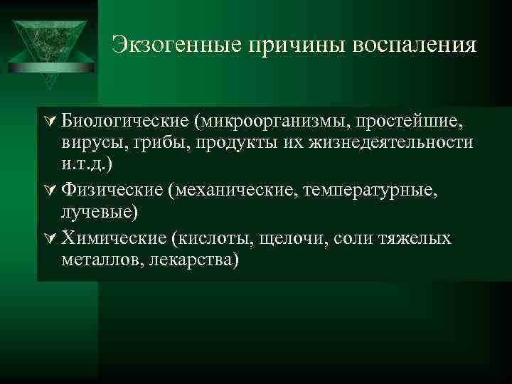  Экзогенные причины воспаления Ú Биологические (микроорганизмы, простейшие, вирусы, грибы, продукты их жизнедеятельности и.