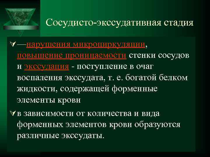  Сосудисто-экссудативная стадия Ú —нарушения микроциркуляции, повышение проницаемости стенки сосудов и экссудация - поступление